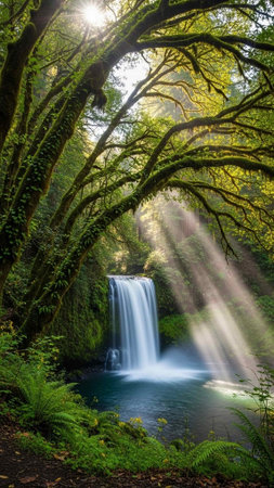 Serene waterfall with sunlight rays in a dense forestの写真素材