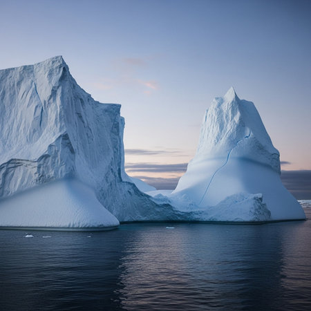 Two large icebergs in clear blue waterの写真素材