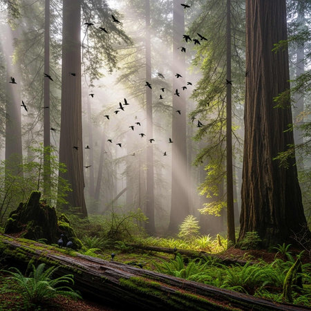 Sunlight filtering through tall trees in a misty forest with birds flyingの写真素材