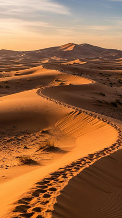 Winding sand dunes in a vast desert at sunsetの写真素材