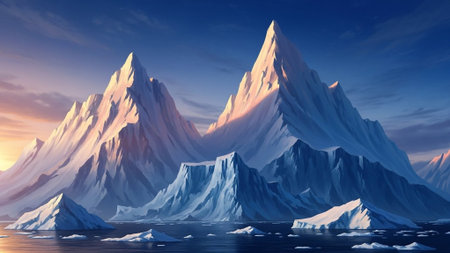 Dramatic ice peaks under a colorful skyの写真素材