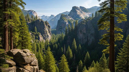 Lush green forest with towering trees and rugged mountainsの写真素材