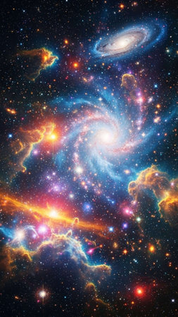 Colorful space image with galaxies, stars, and nebulae