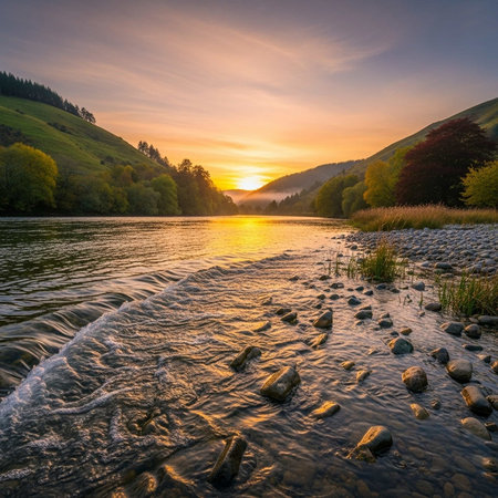 Sunset over a calm river with rocks