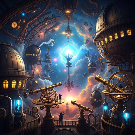 Futuristic steampunk city with telescopes, observatories, and glowing lights