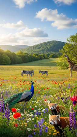 Colorful animals in a blooming meadow with hillsの写真素材