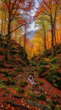 Autumn forest path with rocky stream and vibrant fall foliageの写真素材