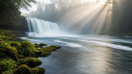 Sun rays through trees on waterfallの写真素材
