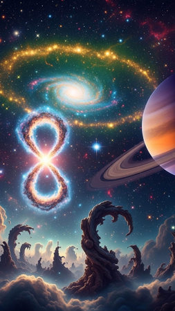 Colorful galaxies, planets, and infinity symbol in cosmic landscapeの写真素材