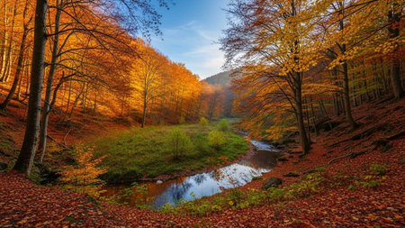 Serene stream in a forest with autumn leavesの写真素材