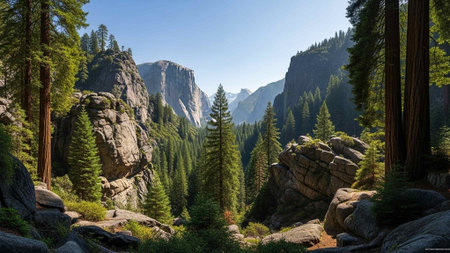 Forest valley with tall pine trees and rocky cliffsの写真素材
