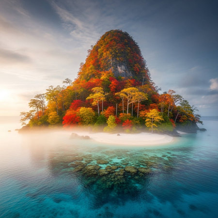 Small island with colorful autumn foliage and misty beach