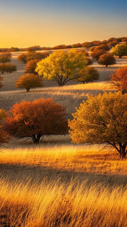 Serene autumn field with golden grass and trees