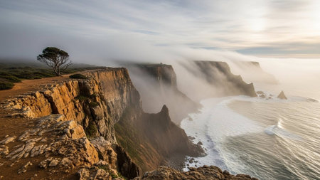 Powerful waves hitting rugged cliffs at sunsetの写真素材