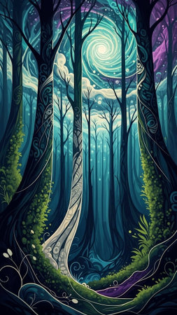 Magical forest scene with glowing moon, path, and vibrant colorsの写真素材