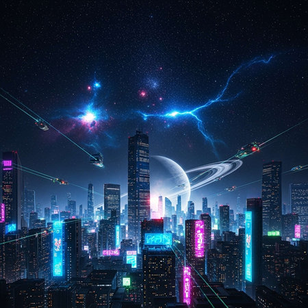 Vibrant city night scene with futuristic buildingsの写真素材