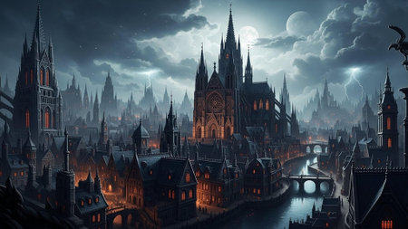 Dark fantasy city with Gothic architecture, moonlit castle, and bridgesの写真素材