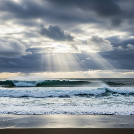Sunlight breaking through clouds over turbulent sea