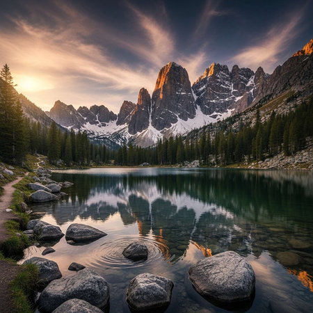 Snow-capped mountains reflected in a calm lake at sunsetの写真素材
