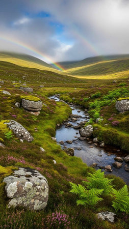 Rainbow over a green valley with a rocky streamの写真素材