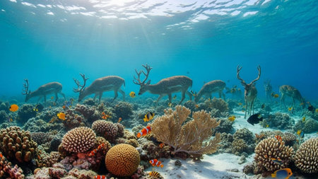 Deer on coral reef with fishの写真素材
