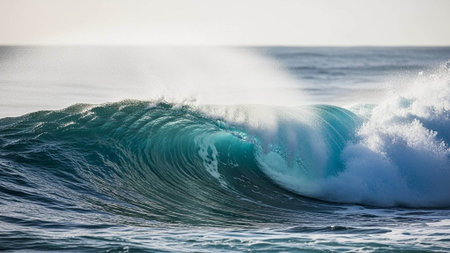 Large wave breaking in bright ocean sunlightの写真素材