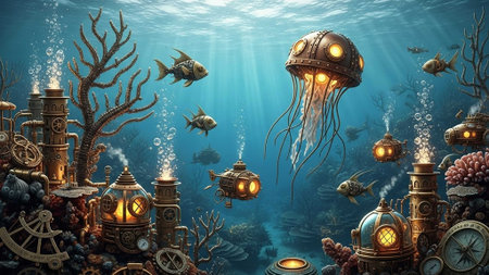 Vintage underwater cityscape with fish, jellyfish, and steampunk machineryの写真素材