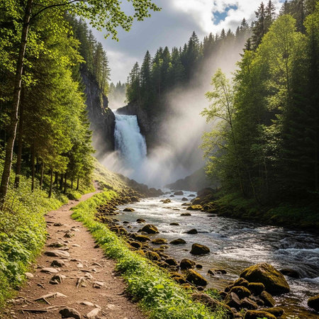 A serene forest path leading to a misty waterfall