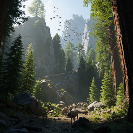 Herd of deer in a sunlit forest valleyの写真素材