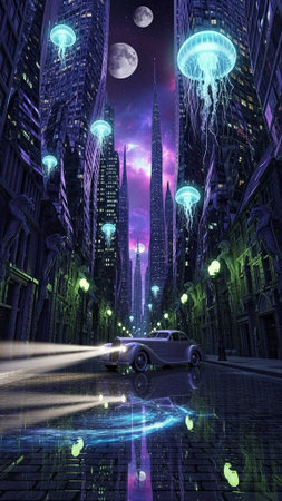 Night city scene with glowing jellyfish, tall buildings, and a classic car