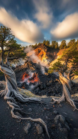 Steam rising from volcanic ground with twisted trees