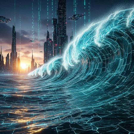 Giant wave hitting futuristic skyscrapers during sunset