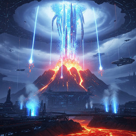 Sci-fi cityscape with alien ships, volcanic activity, and futuristic buildingsの写真素材