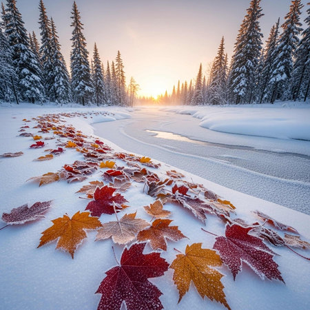 Colorful autumn leaves on snowy forest pathの写真素材