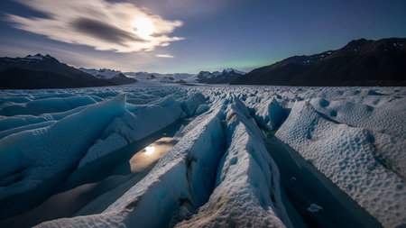 Frozen glacier with deep blue ice and rugged texture