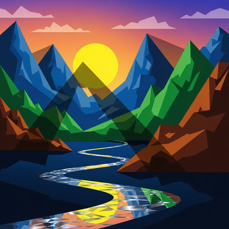Low poly mountains, river, and sunset sceneの写真素材