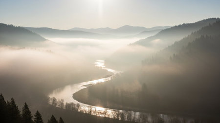 Serene river meandering through misty, forested mountains