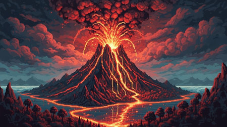 Volcanic eruption with bright lava, fiery sky, and dark clouds