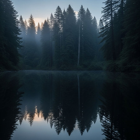 Misty forest reflected in still lake at dawnの写真素材