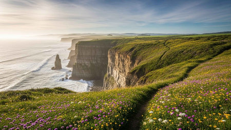 Sunrise over green cliffs with wildflowers and ocean waves