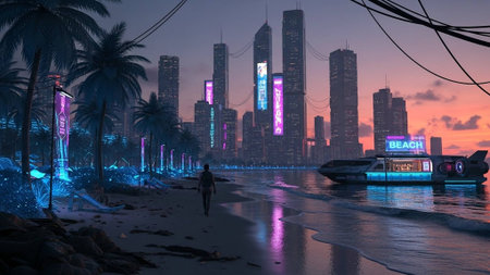 Neon-lit futuristic city with skyscrapers, beach, and a lone figureの写真素材