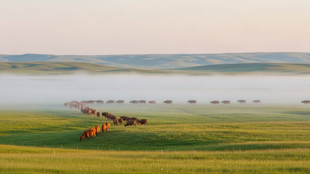 Animals walking through foggy green fieldの写真素材