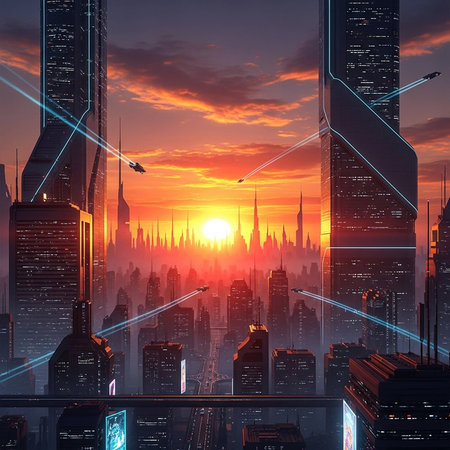 Sunset over futuristic city with tall skyscrapers and flying vehiclesの写真素材