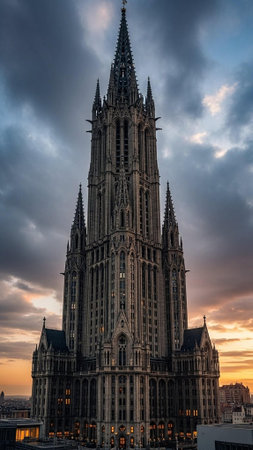 Intricate cathedral spire against dramatic skyの写真素材