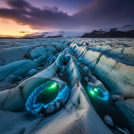Ice formations with glowing blue lights in a cave at dusk