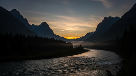 Calm river reflecting sunset between mountains