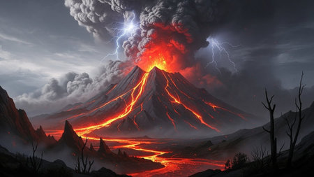 Active volcano erupting with lava, smoke, and lightning