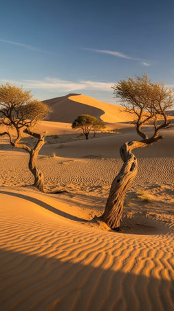 Sandy dunes and twisted trees in a desertの写真素材