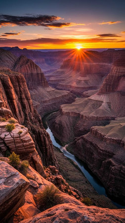 Grand Canyon at sunrise with river and rugged cliffs