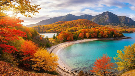 Autumn foliage, blue lake, and mountains under a sunny skyの写真素材